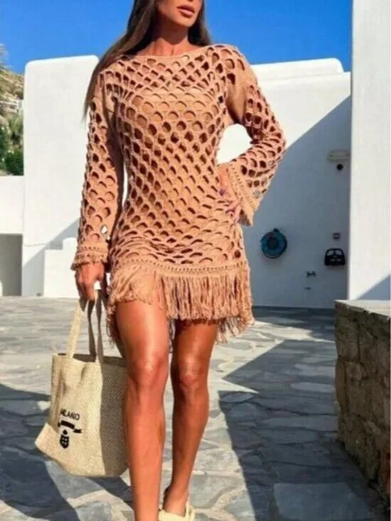 Coral Orange Women's Sexy & Elegant Beach Style Knitted Hollow Fringe Dress - Picture 2 of 5